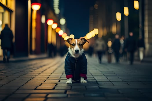 a dog wearing a jacket standing on a street at night. AI-Generated photo