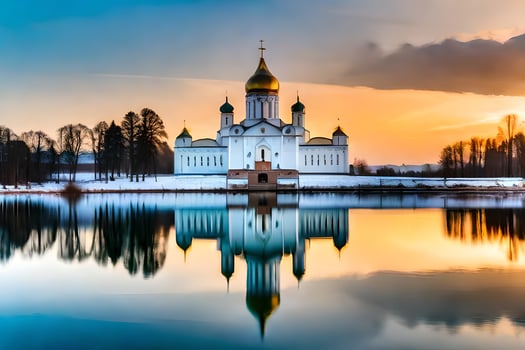 the kremlin at sunset with the reflection of the church in the water. AI-Generated photo