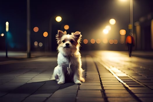 a small dog sitting on the sidewalk at night. AI-Generated photo