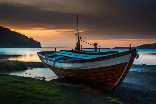 a boat sits on the shore at sunset. AI-Generated photo