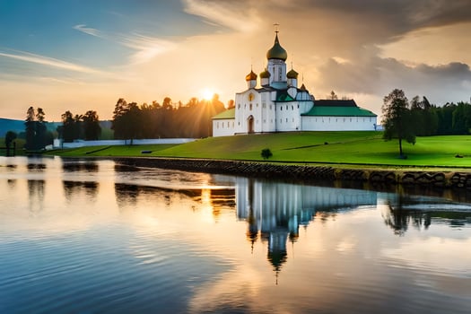 the sun sets over a church in the middle of a lake. AI-Generated photo