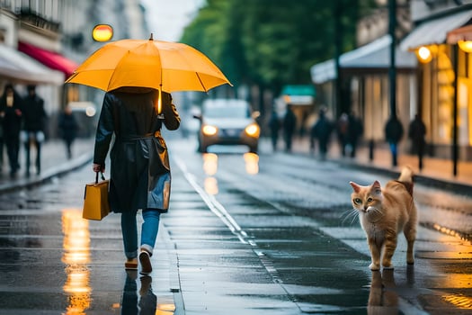 a woman walking with a cat in the rain. AI-Generated photo