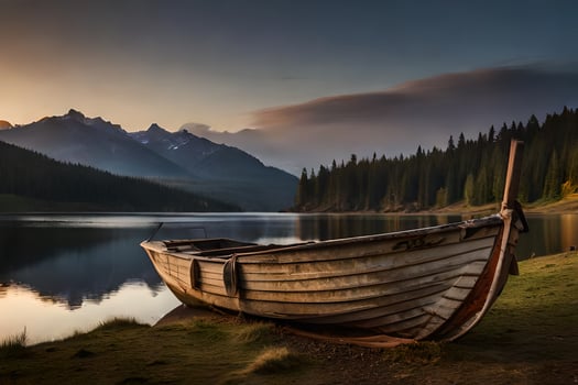 a boat sits on the shore of a lake at sunset. AI-Generated photo