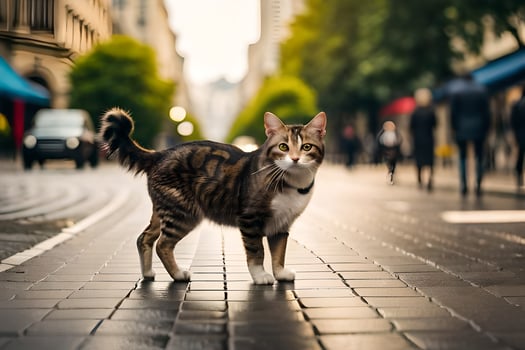 a cat walking on a city street. AI-Generated photo