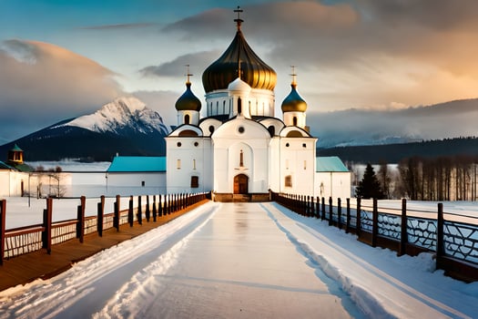 a church in the snow with a bridge and mountains in the background. AI-Generated photo