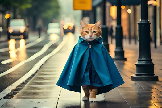 a cat wearing a blue cape walks down a street. AI-Generated photo