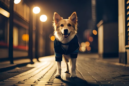 a dog wearing a jacket walking down a street at night. AI-Generated photo