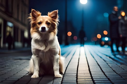 a dog sitting on the street at night. AI-Generated photo