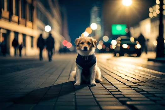 a dog sitting on the street at night. AI-Generated photo
