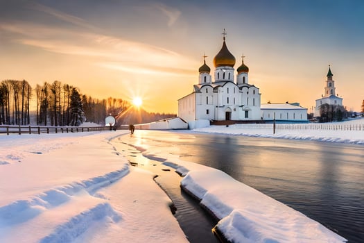 the sun rises over a river and a church in the snow. AI-Generated photo
