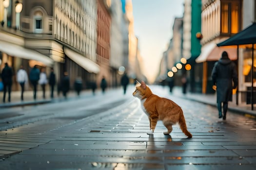 an orange cat is walking down a city street. AI-Generated photo