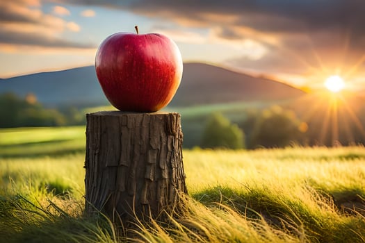 an apple is sitting on top of a stump in a field. AI-Generated photo