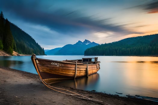 a boat sits on the shore of a lake at sunset. AI-Generated photo