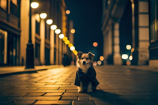 a dog standing in the middle of a city street at night. AI-Generated photo