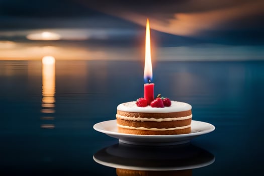 a cake with a single candle on top of it. AI-Generated photo
