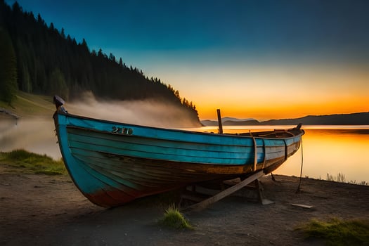 a boat sits on the shore of a lake at sunset. AI-Generated photo