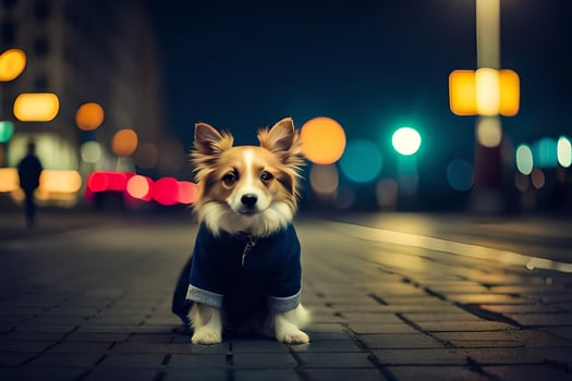 a dog in a blue jacket sitting on the street at night. AI-Generated photo