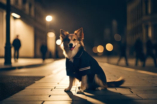a dog wearing a jacket sitting on the street at night. AI-Generated photo