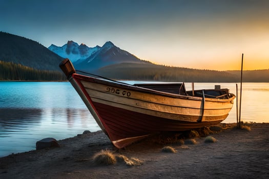 a boat on the shore of a lake at sunset. AI-Generated photo
