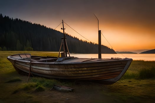 a boat sits on the shore of a lake at sunset. AI-Generated photo
