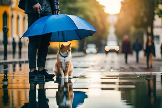 a person holding an umbrella and a cat standing in the rain. AI-Generated photo
