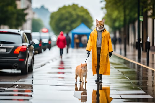 a woman in a yellow raincoat walking her dog on a wet street. AI-Generated photo