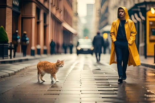 a man in a yellow raincoat walks with a cat on a city street. AI-Generated photo