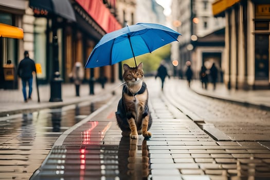 a cat walking on a wet street with an umbrella. AI-Generated photo