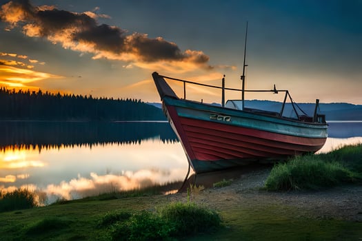 a boat sits on the shore of a lake at sunset. AI-Generated photo