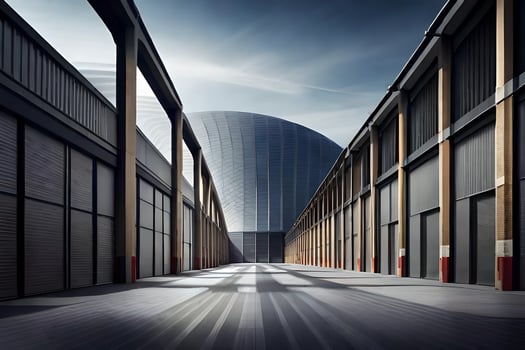a long hallway with a large building in the background. AI-Generated photo