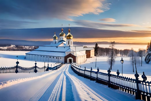 a church in the snow with a path leading to it. AI-Generated photo