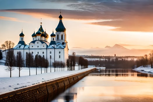 a church and river in the winter. AI-Generated photo