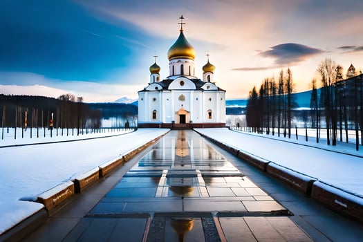 a church in the snow with a golden dome. AI-Generated photo