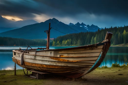 an old boat sits on the shore of a lake. AI-Generated photo