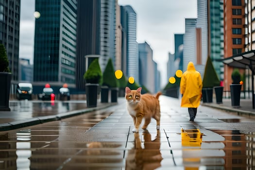 a cat walking down a city street in a raincoat. AI-Generated photo