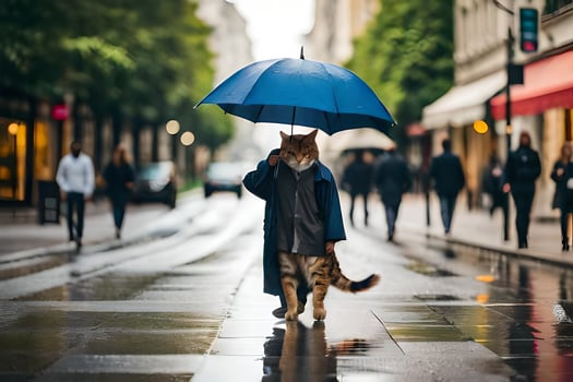 a cat walking in the rain with an umbrella. AI-Generated photo