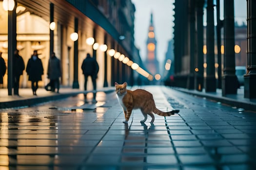 a cat walking down a city street at night. AI-Generated photo