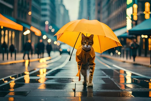 a cat walking on a wet street with an umbrella. AI-Generated photo
