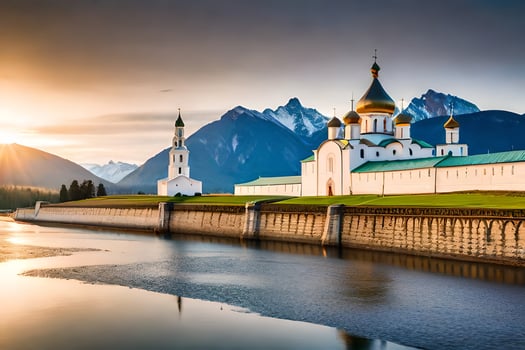 the sun sets over the mountains and a church. AI-Generated photo