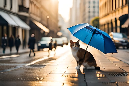 a cat is standing on a street with an umbrella. AI-Generated photo