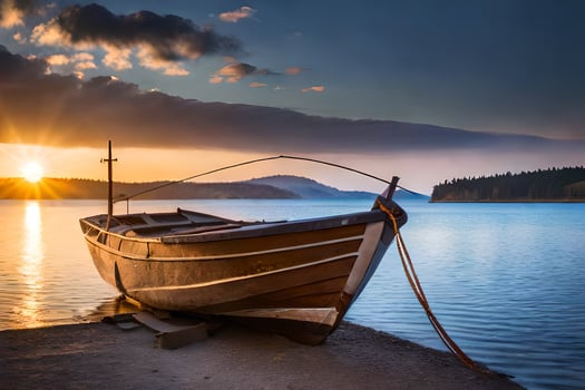 a boat sits on the shore at sunset. AI-Generated photo