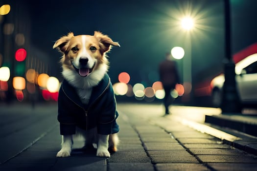 a dog wearing a jacket on the street at night. AI-Generated photo