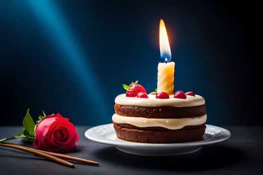 a cake with a candle on top and a rose. AI-Generated photo