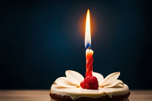 a single candle is lit on a small cake. AI-Generated photo