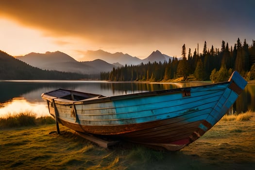 a boat sits on the shore of a lake at sunset. AI-Generated photo