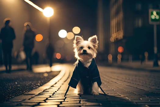 a small dog in a suit standing on a street at night. AI-Generated photo