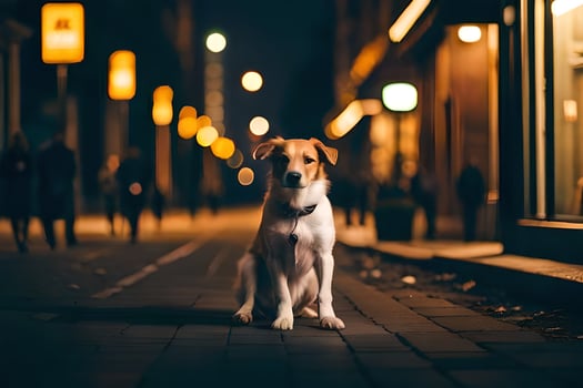 a dog sitting on the sidewalk at night. AI-Generated photo