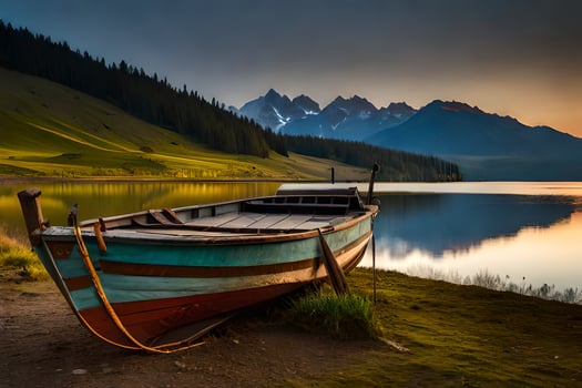 a boat sits on the shore of a lake at sunset. AI-Generated photo
