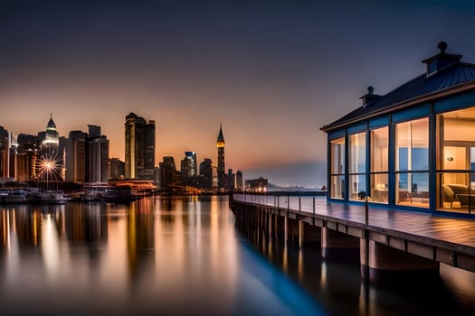 a pier with a house and a city skyline at dusk. AI-Generated photo