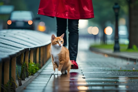 a cat walking on a wet sidewalk. AI-Generated photo